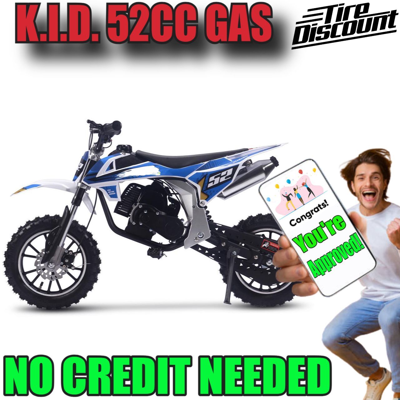 a man holding a cell phone next to a dirt bike that says k.i.d. 52cc gas no credit needed