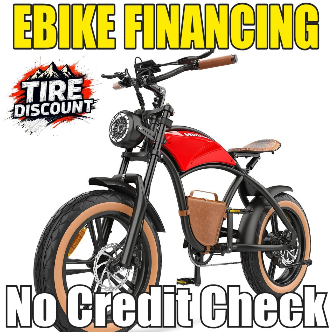 A red motorcycle with the words ebike financing no credit check on it