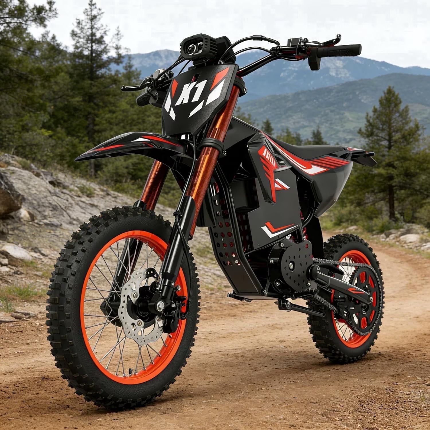 A black and orange electric dirt bike parked on an asphalt surface.