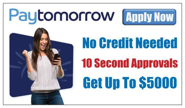 a woman is standing in front of a sign that says paytomorrow apply now no credit needed 10 second approvals get up to $ 5000