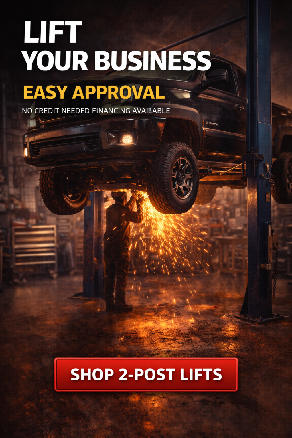 A truck on a lift, sparks flying, a person welding, shop interior. Text: 