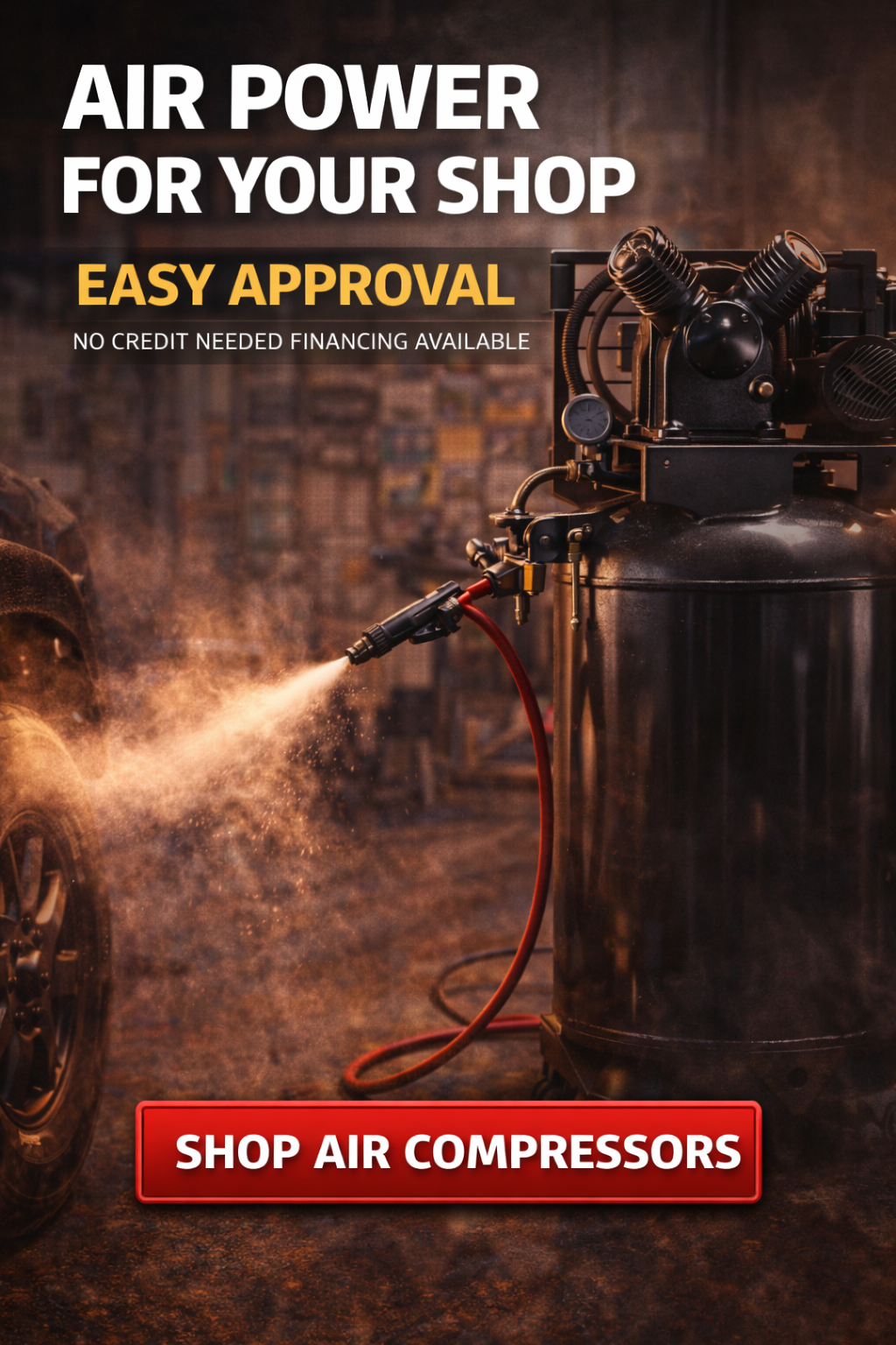 Advertisement: Air compressor spraying in a shop with text 