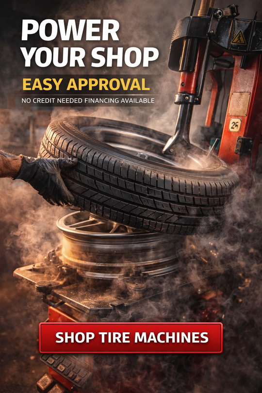 Tire changing machine advert. Mechanic changing a tire; red and gray colors; “Power Your Shop” text. No credit check tire machine financing
