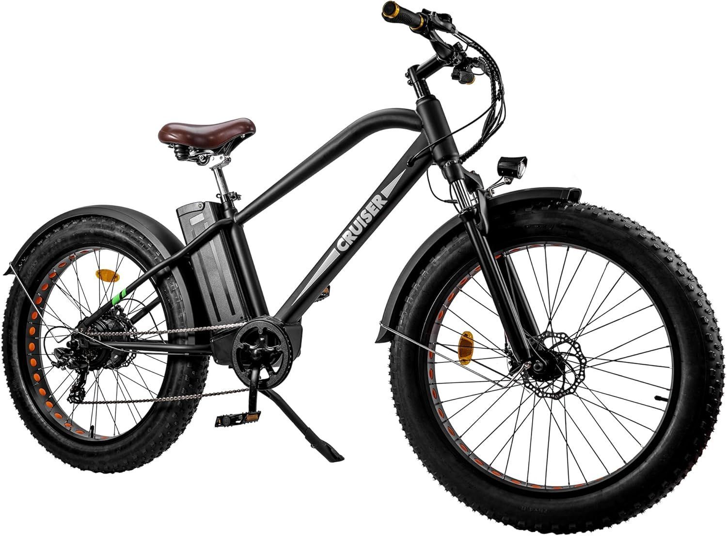 A black electric bike with a large tire on a white background.