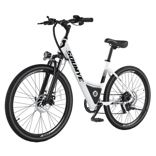 A black electric bike is sitting on a white surface.