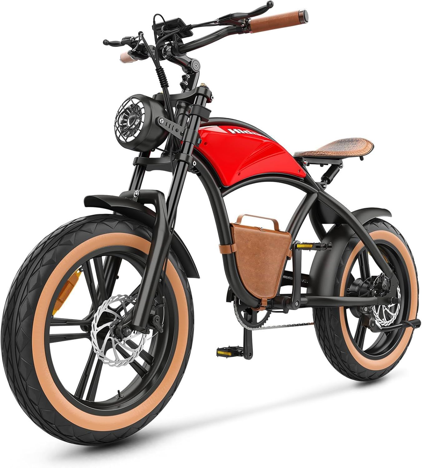 A red and black electric motorcycle with brown tires on a white background.