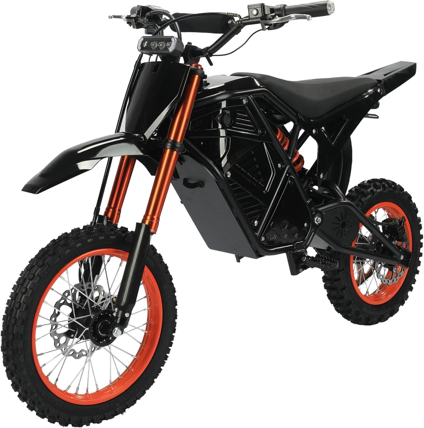 Black-and-orange electric dirt bike with knobby tires on a white background