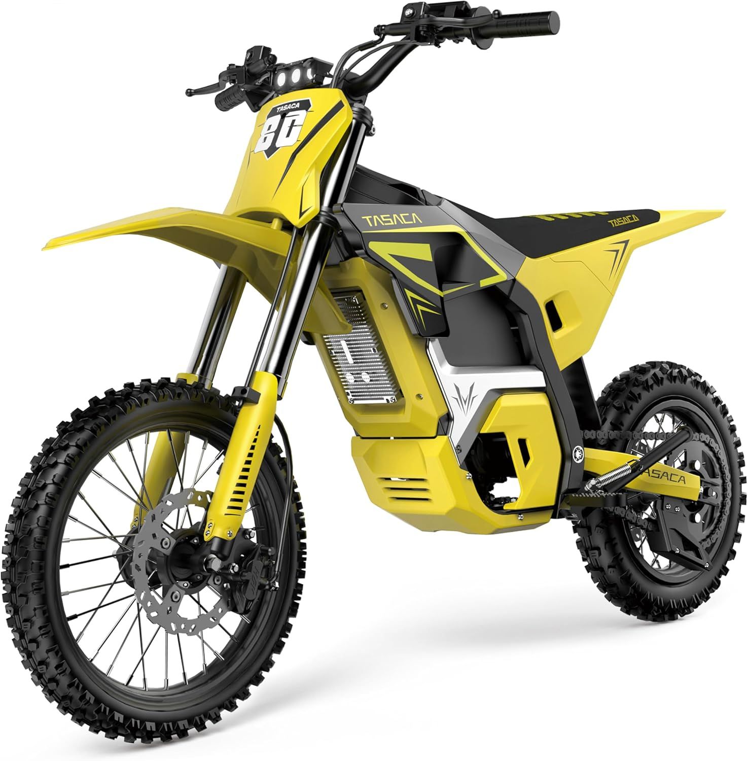 Yellow and black electric dirt bike on a white background