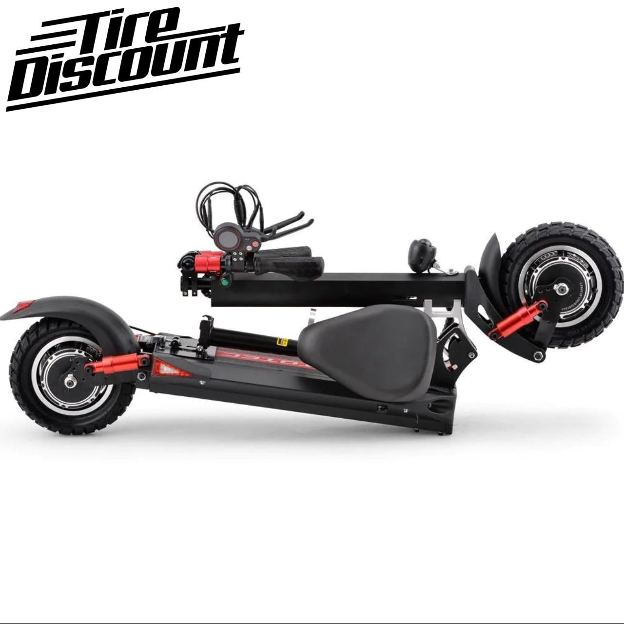 a folded electric scooter with a tire discount logo on it .