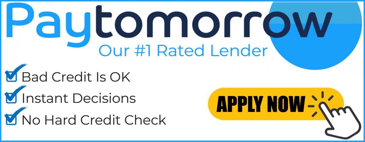 A woman is standing in front of a sign that says paytomorrow apply now no credit needed 10 second approvals get up to $ 5000