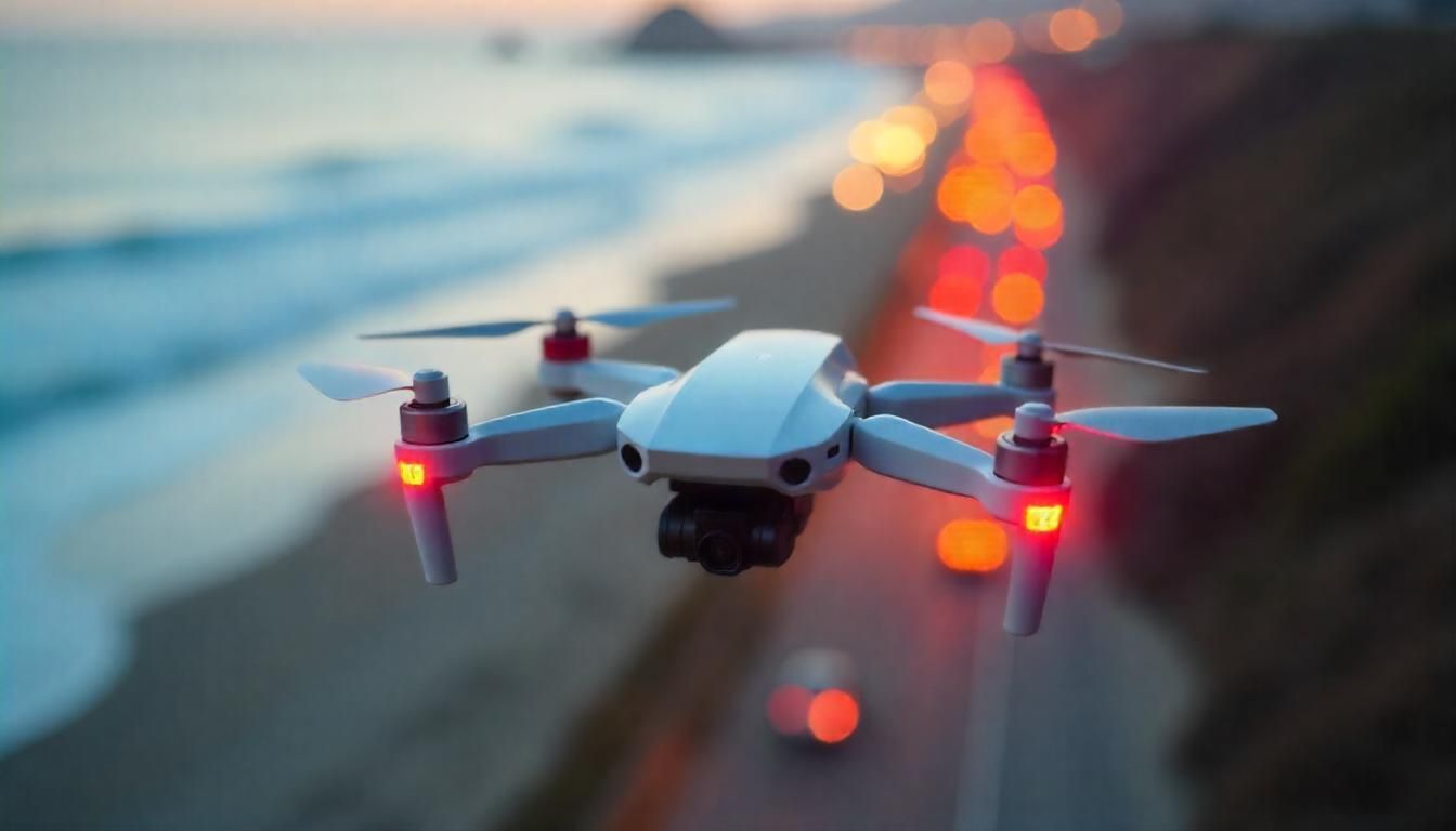 A drone is flying over a beach and a highway.