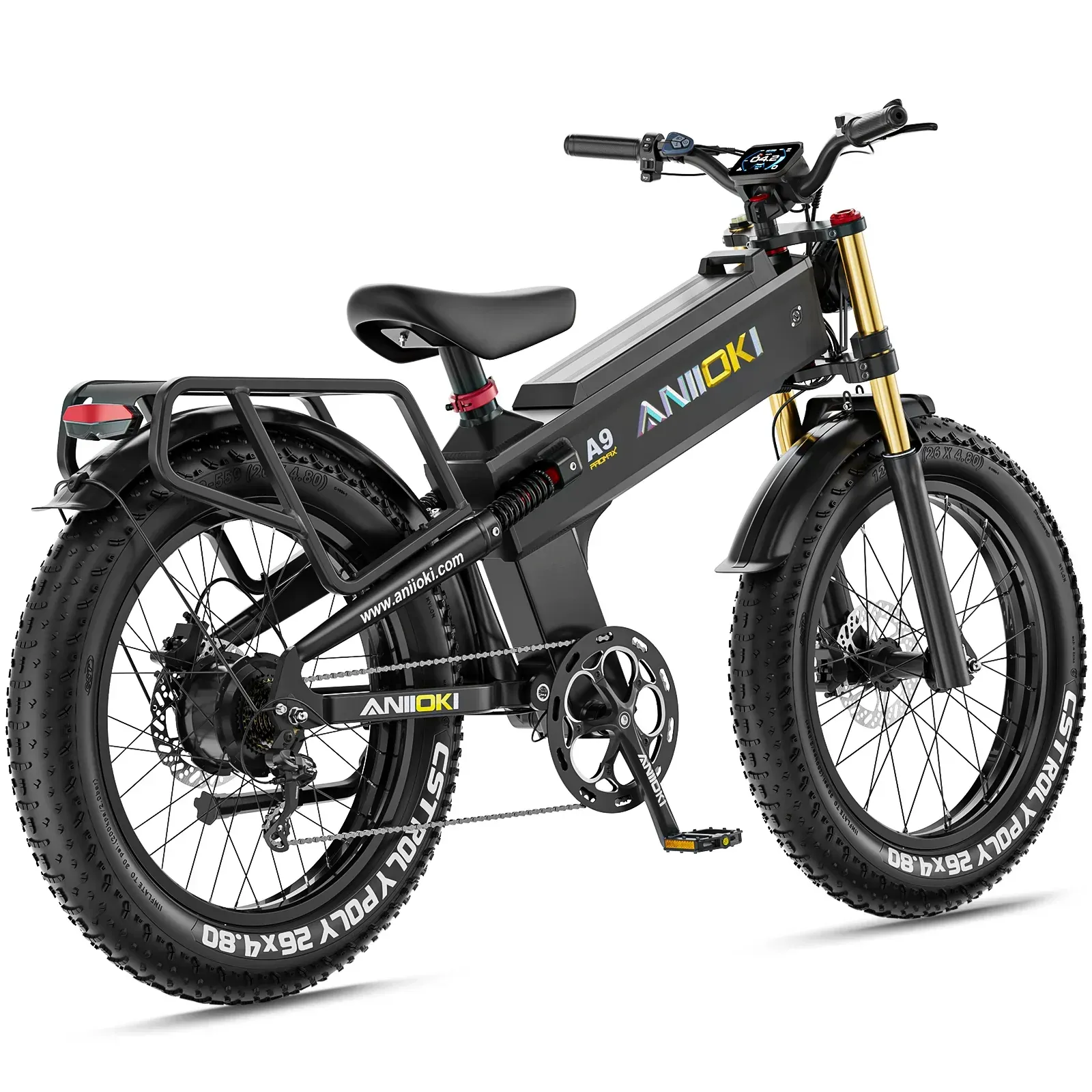 A A9 PRO MAX electric bike with large tires on a white background.