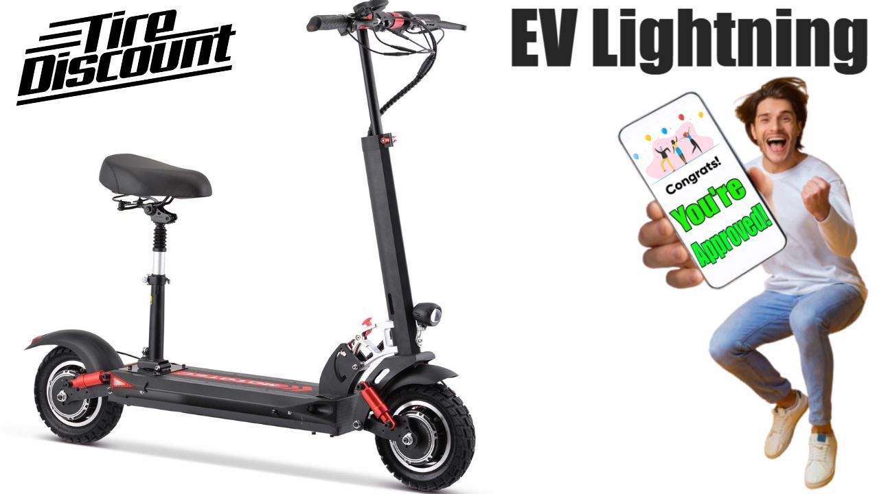 a man is holding a cell phone next to a EV lightning scooter.