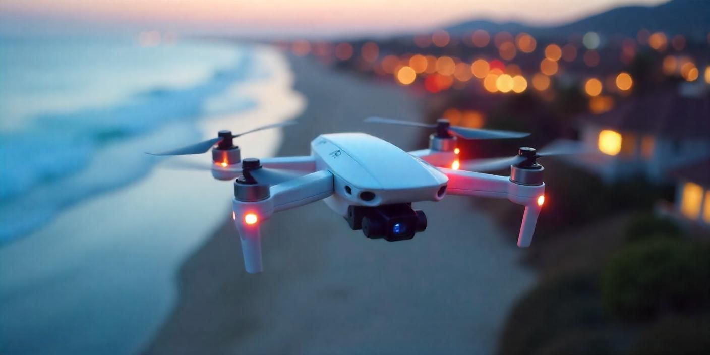 A drone is flying over a beach at night.