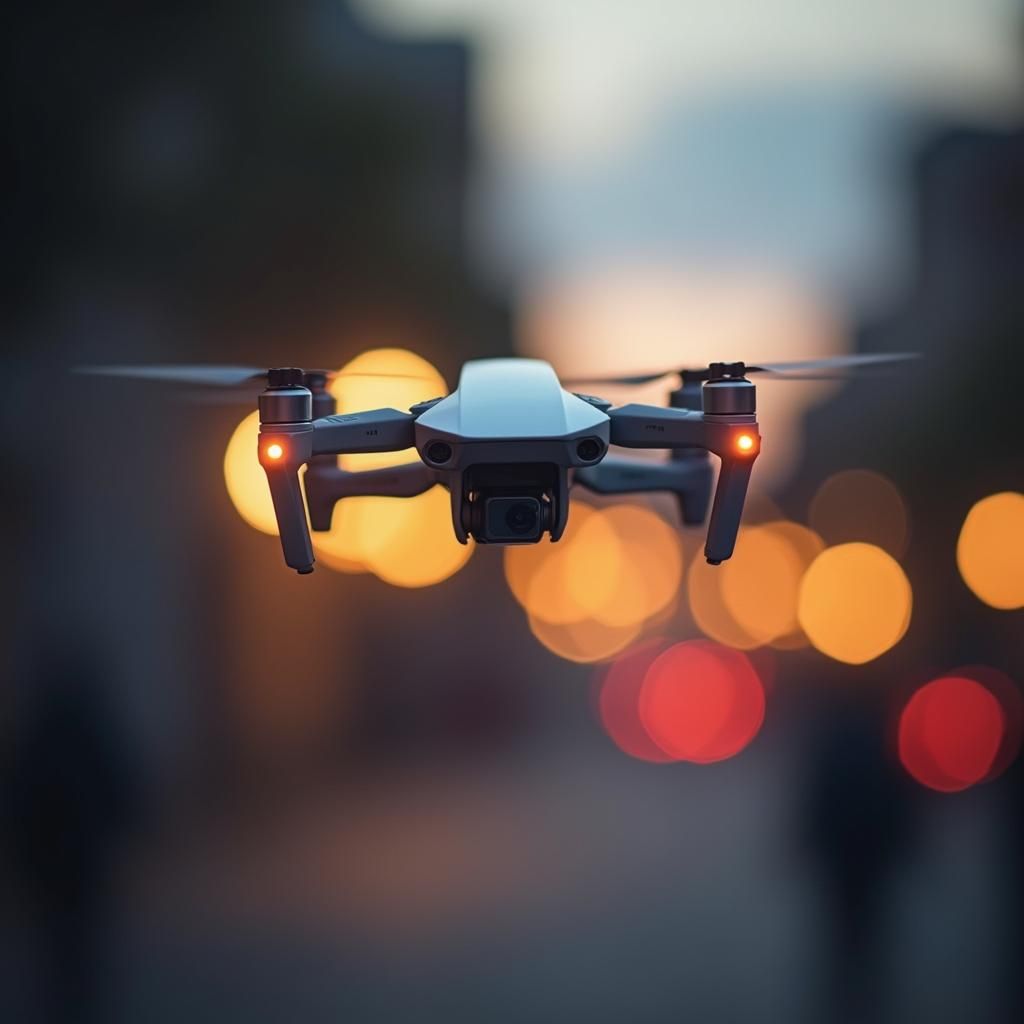 A drone is flying over a city street at night