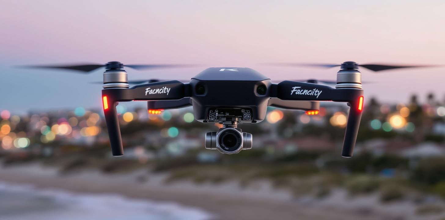 A drone is flying over a beach at night.