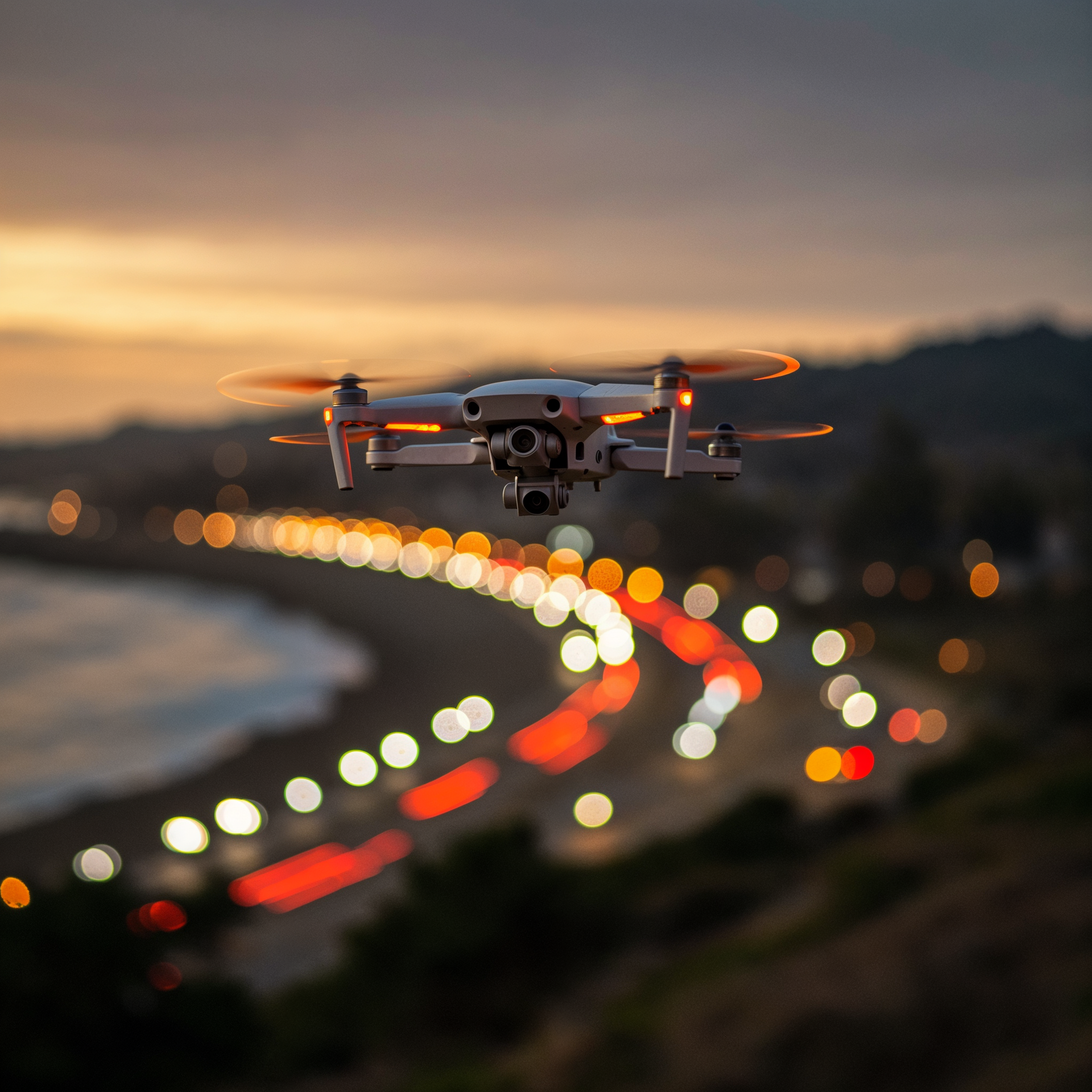 A drone is flying over a city at sunset.