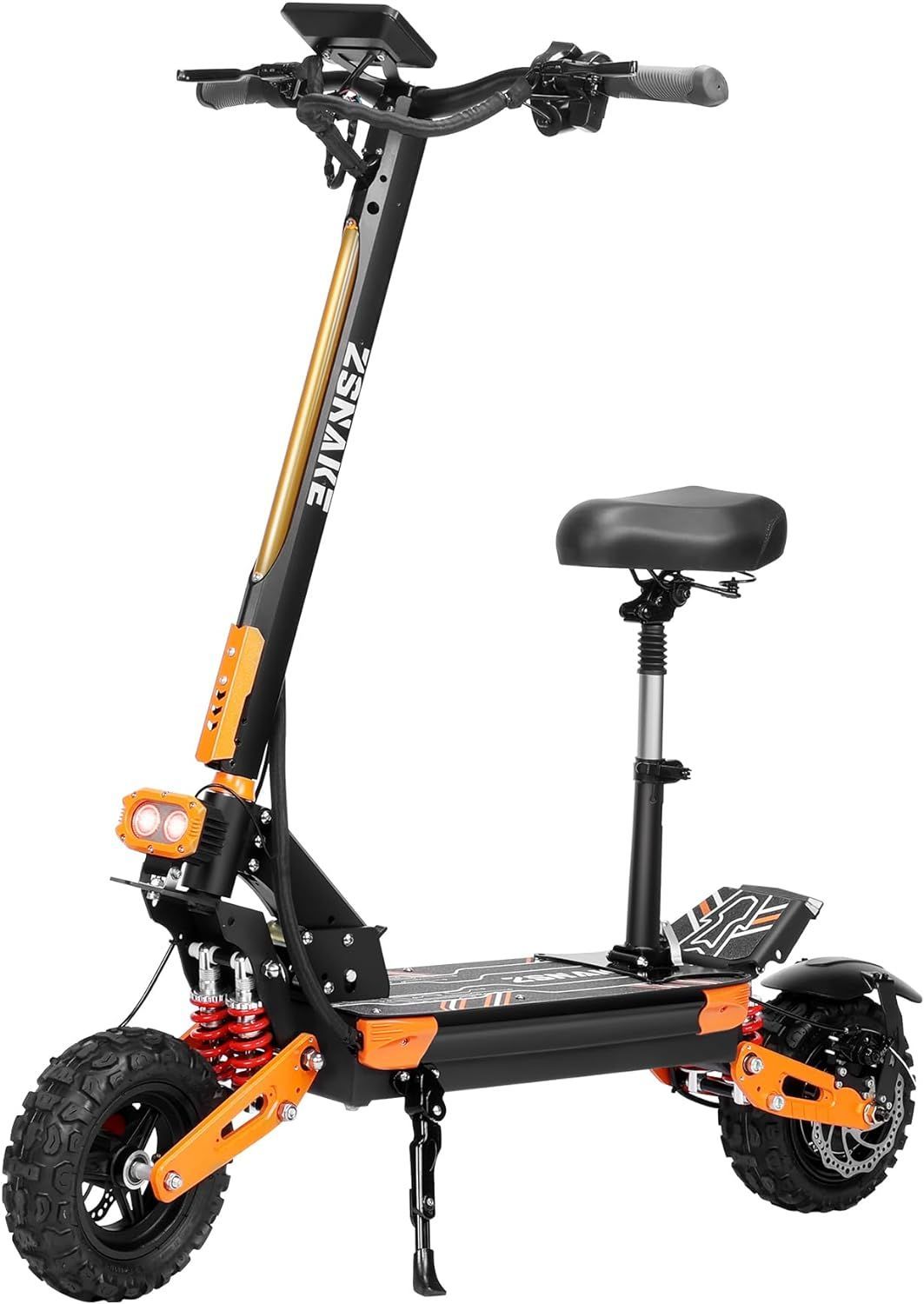 a black and orange electric scooter with a seat on a white background .