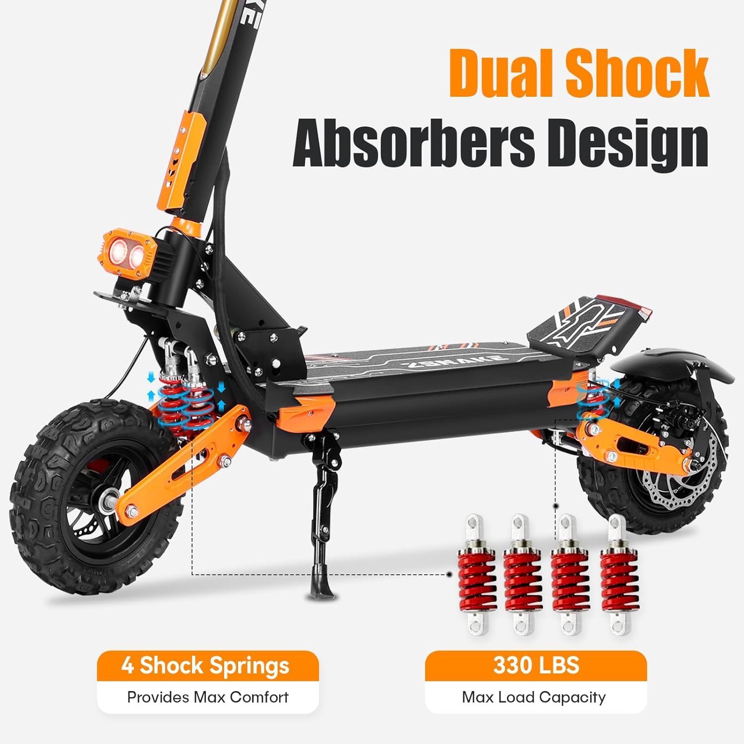 a dual shock absorbers design electric scooter with 4 shock springs and 330 lbs max load capacity .