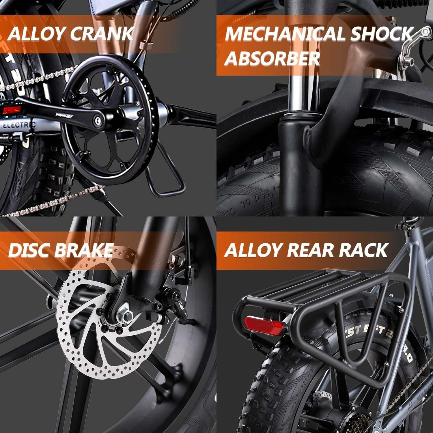 a bicycle with a mechanical shock absorber disc brake and alloy rear rack