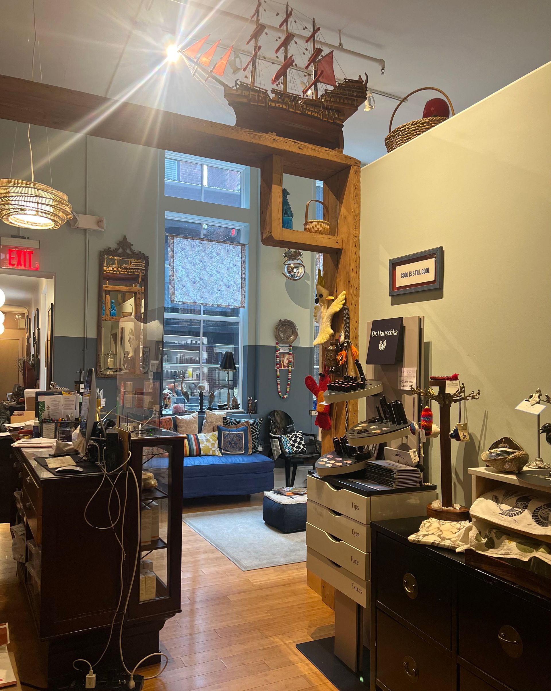 a room with a pirate ship on top of a shelf