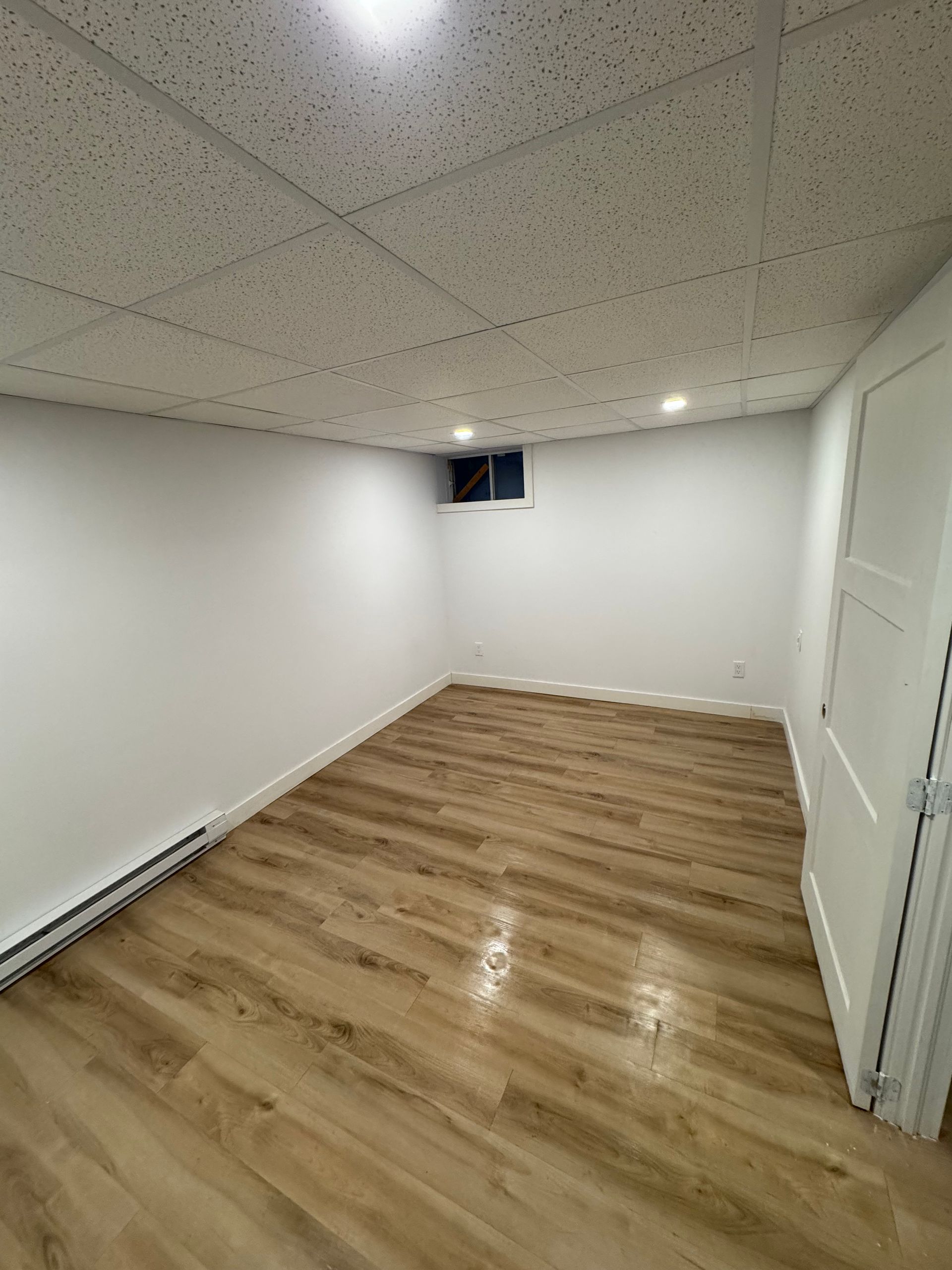 Pièce vide avec sol imitation bois, murs blancs et plafond texturé. Une porte et une petite fenêtre sont visibles.