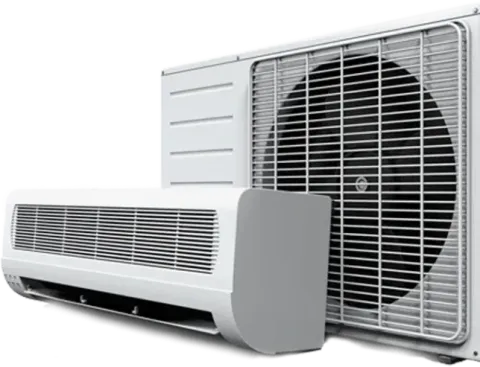White wall-mounted air conditioner with outdoor condenser unit on a white background
