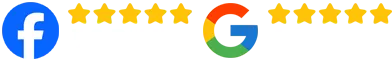 Facebook and Google logos with five gold stars between them