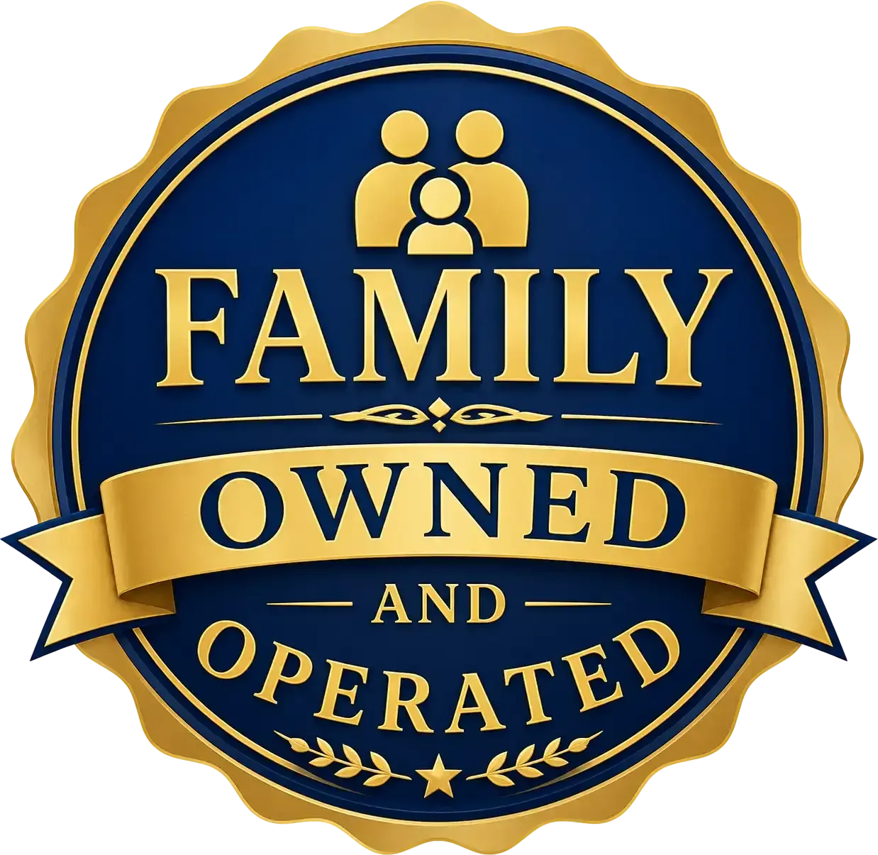 Gold and navy circular “Family Owned and Operated” badge with a ribbon banner and small family icon.