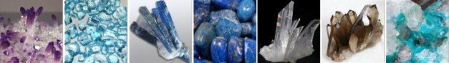 Amethyst, Blue Topaz, Kyanite, Lapis Lazuli, Quartz, Smoky Quartz, Turquoise