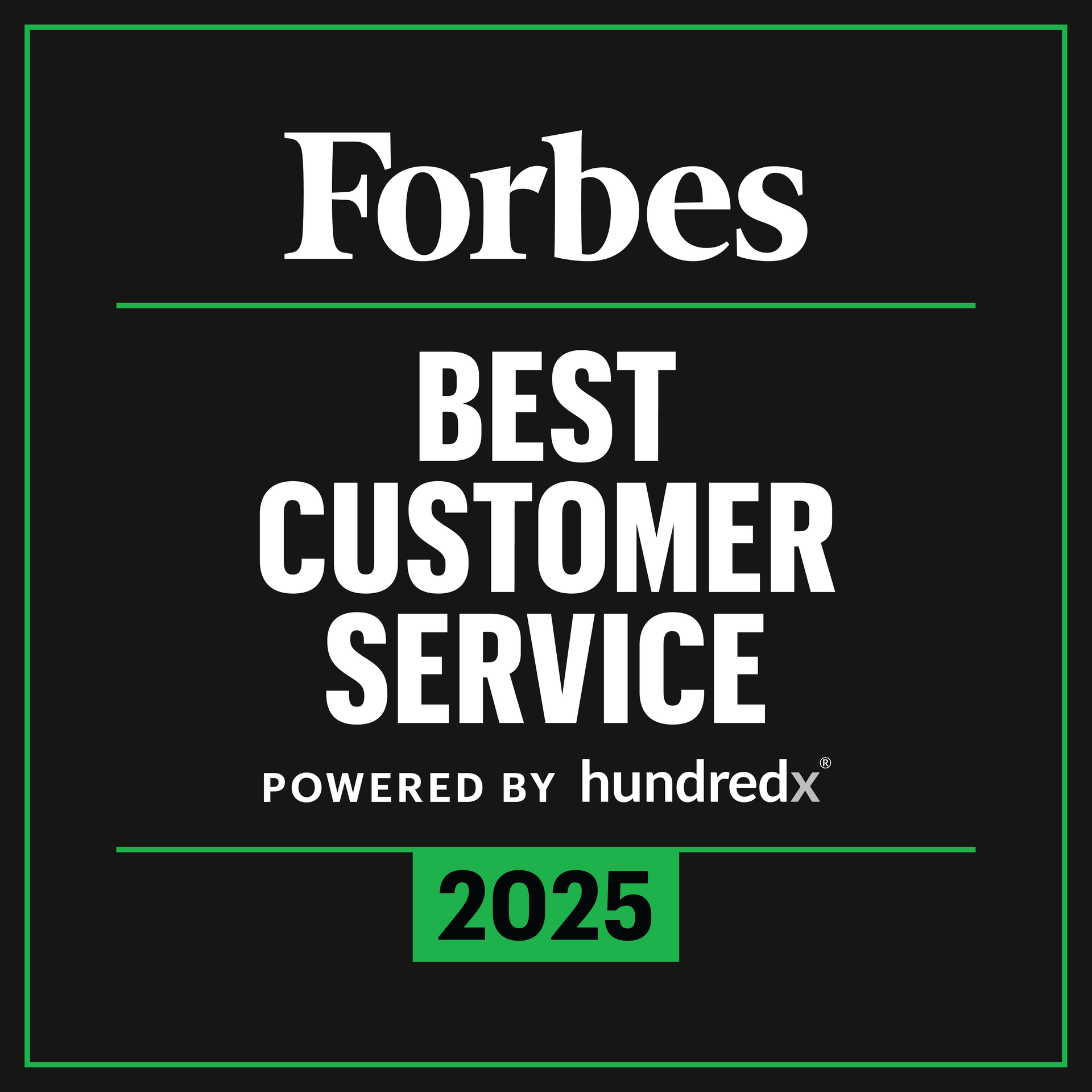 The forbes best customer service award is powered by hundredx.