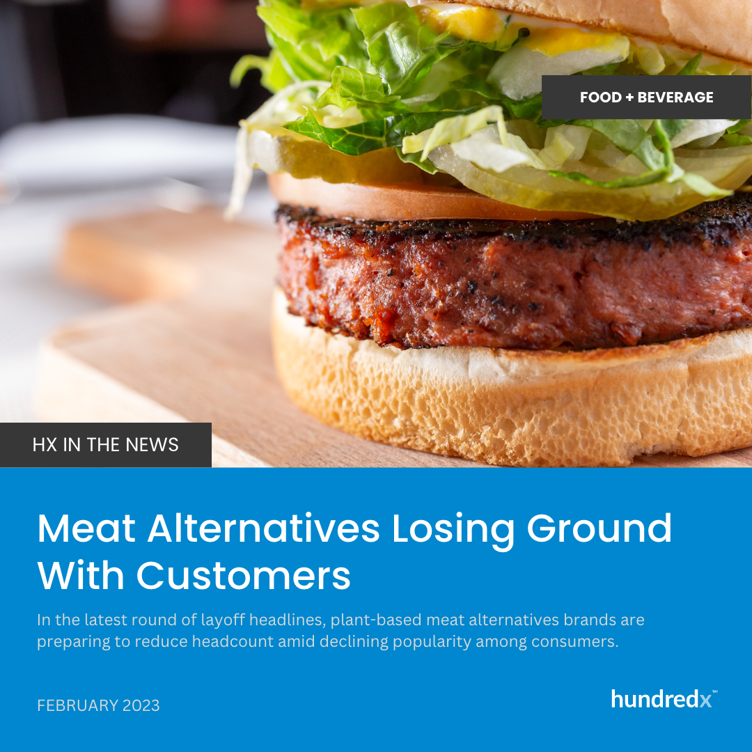 A close up of a hamburger on a cutting board with the words meat alternatives losing ground with customers
