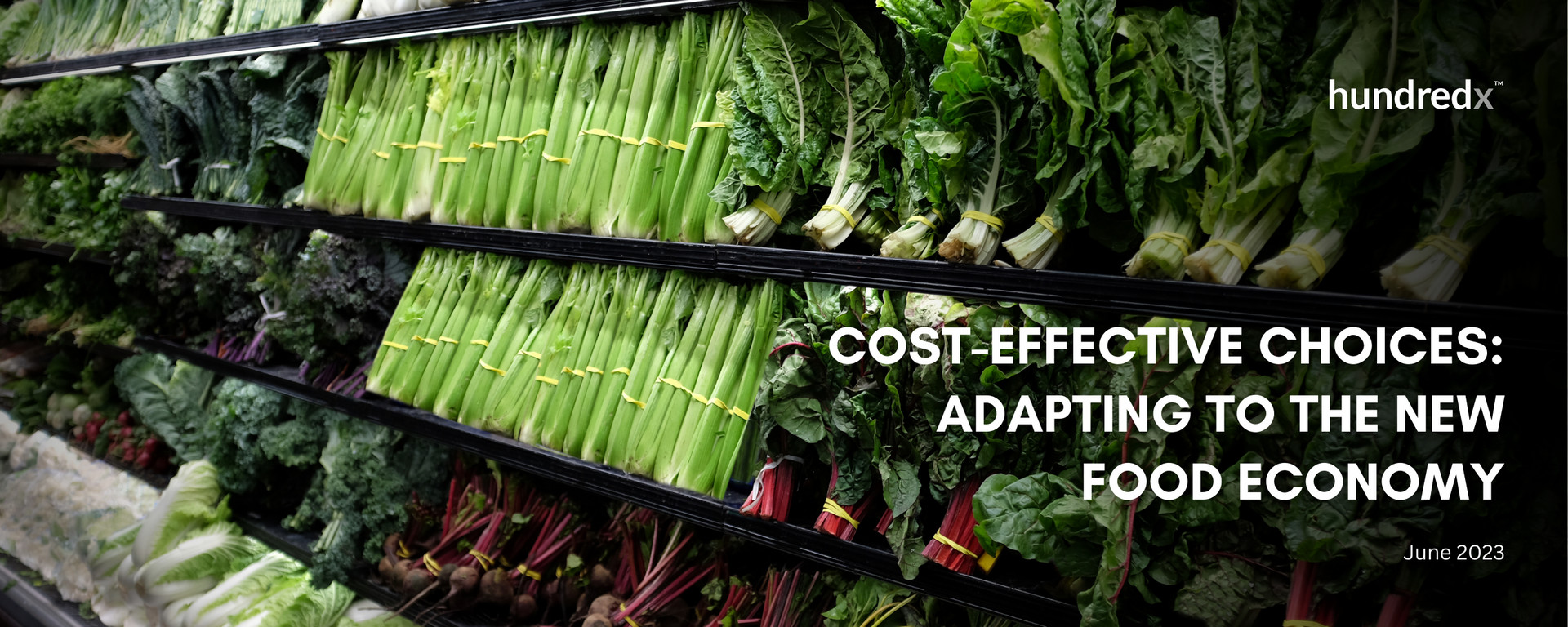 A display of vegetables in a grocery store with the words cost effective choices adapting to the new food economy.