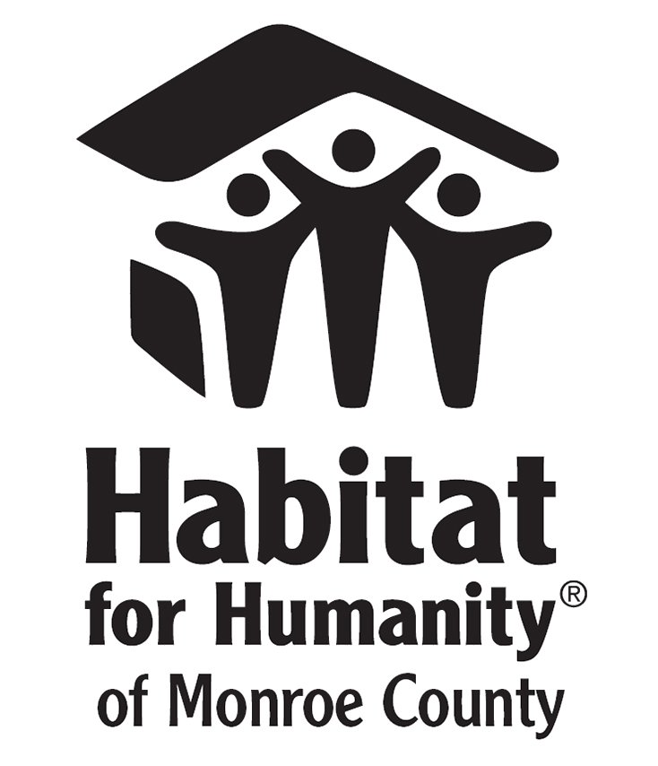A black and white logo for habitat for humanity of monroe county