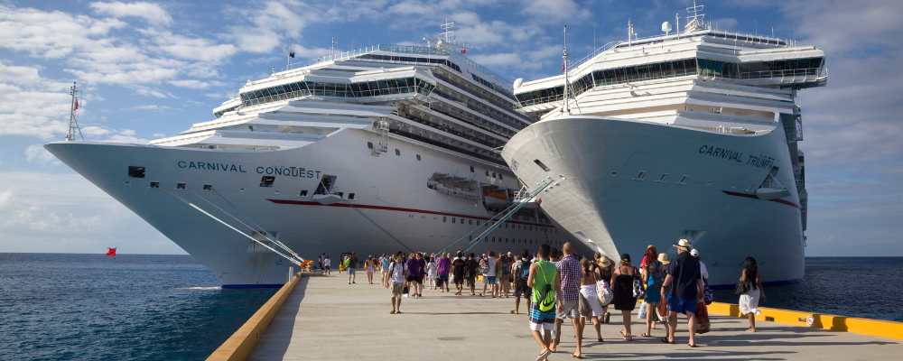 Two cruise ships are docked at a dock with people walking between them