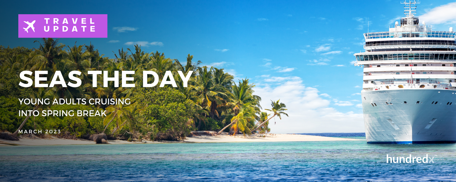 A cruise ship is sailing in the ocean near a tropical island.