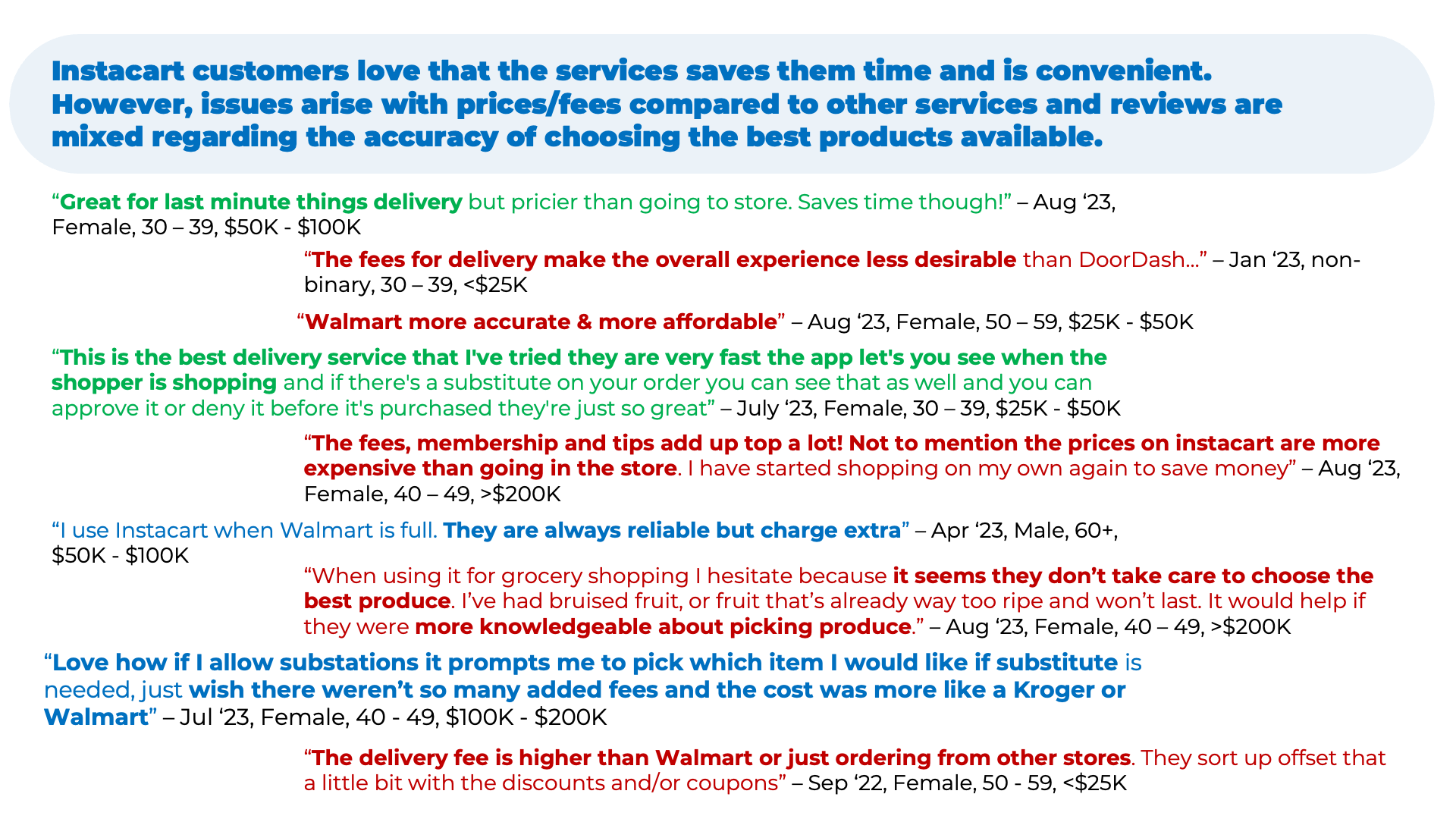 A page of text that says instacart customers love that the services save them time and is convenient