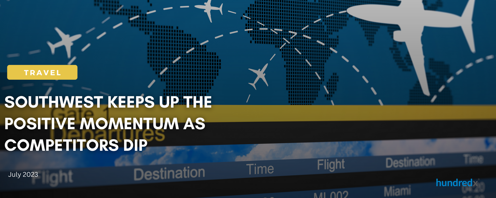 A poster for southwest airlines shows a plane flying over a map of the world