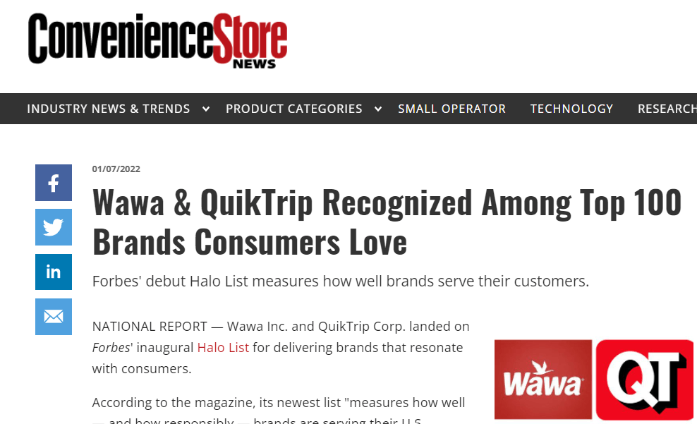 A screenshot of a convenience store website that says wawa and quiktrip recognized among top 100 brands consumers love