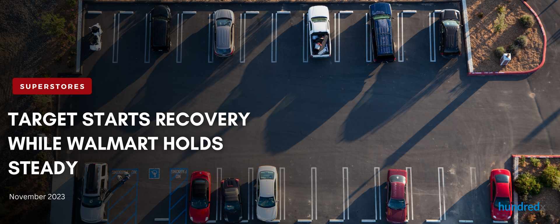 An aerial view of a parking lot that says target starts recovery while walmart holds steady