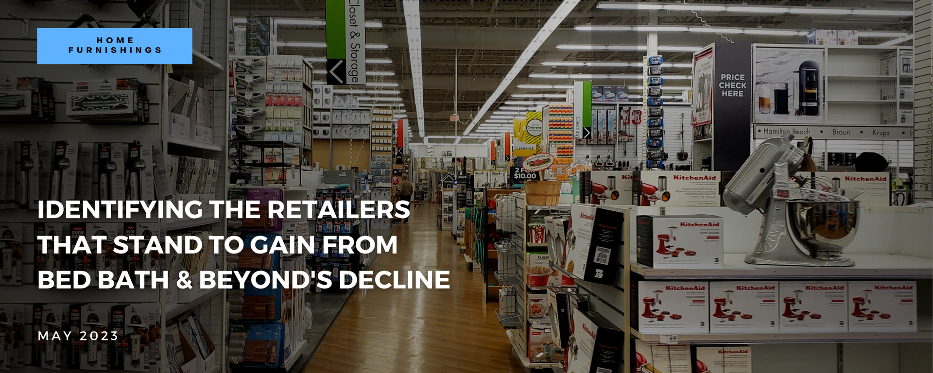 A picture of a grocery store aisle with the words identifying the retailers