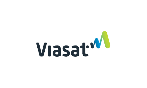 A blue and green logo for viasat on a white background.