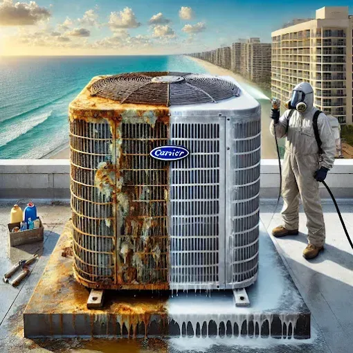 Half-cleaned Carrier AC unit on a rooftop, with ocean background. A worker sprays the unit wearing protective gear.