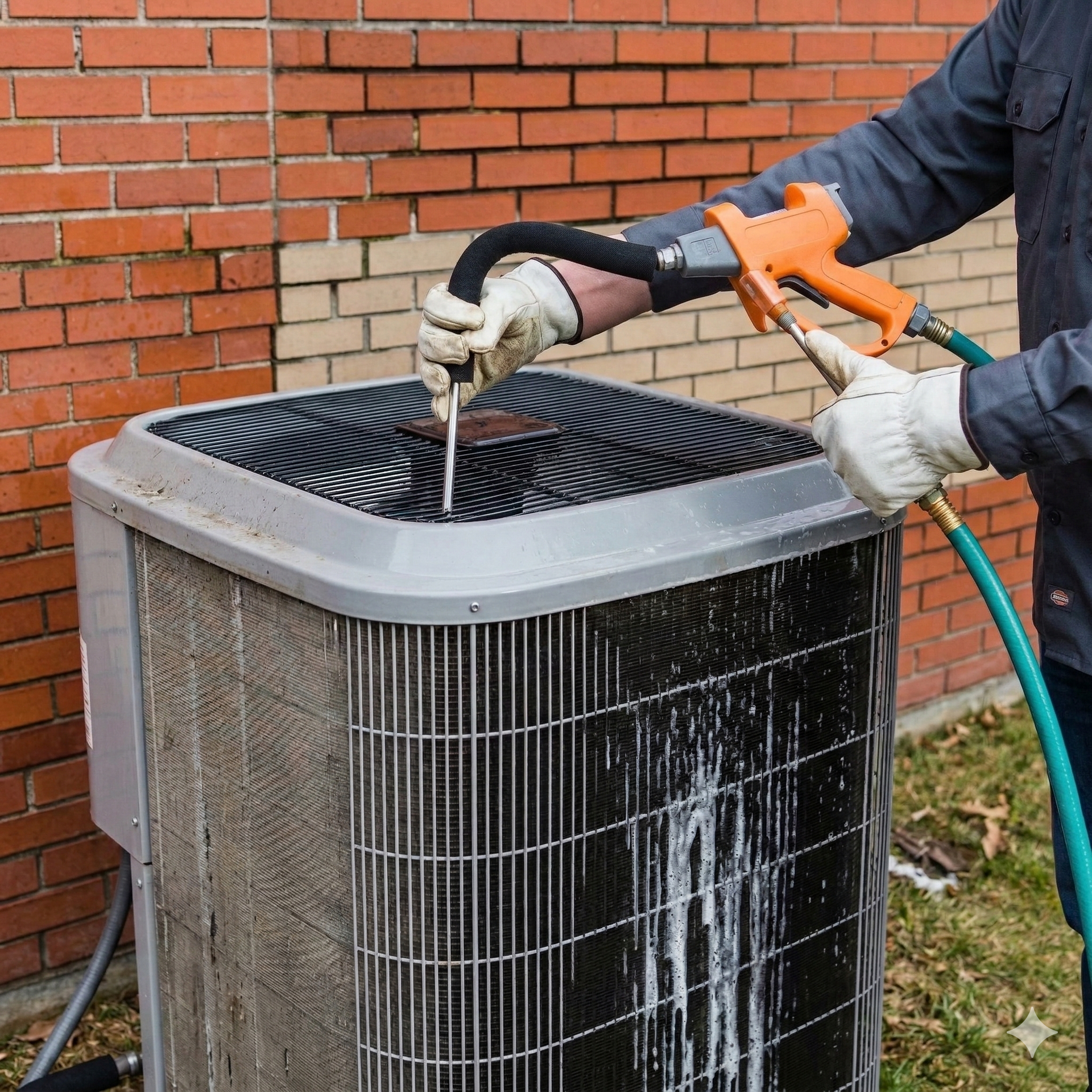Person cleaning an air conditioning unit with a spray nozzle outdoors near a brick wall.