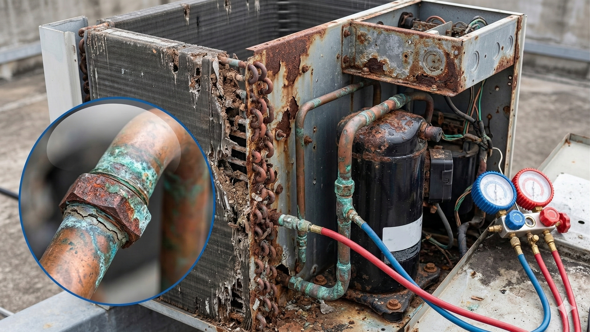 Severely corroded air conditioner unit with copper tubing and gauges attached.