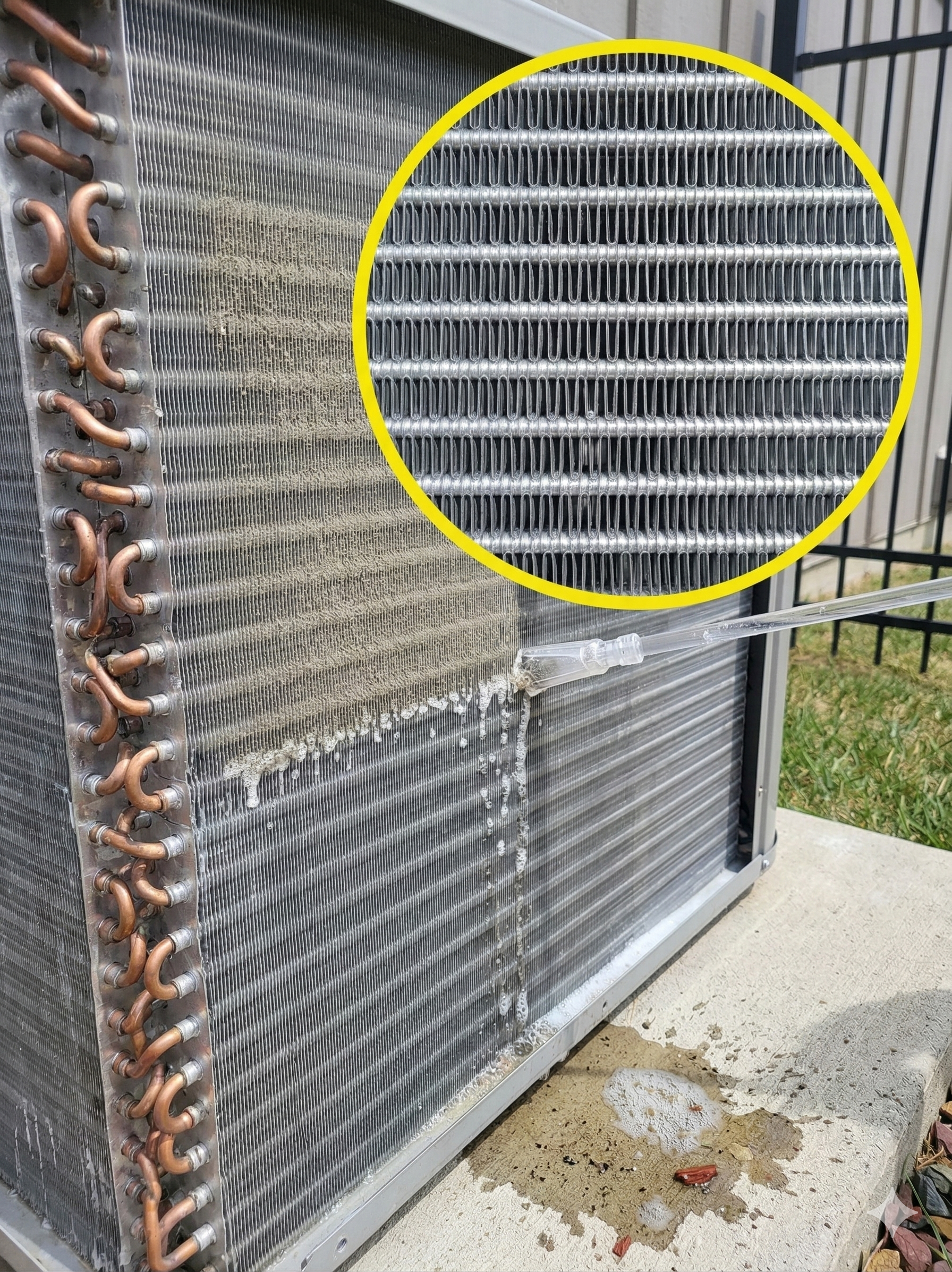 Close-up of a dirty air conditioner condenser coil. A magnified view shows the blocked metal fins.