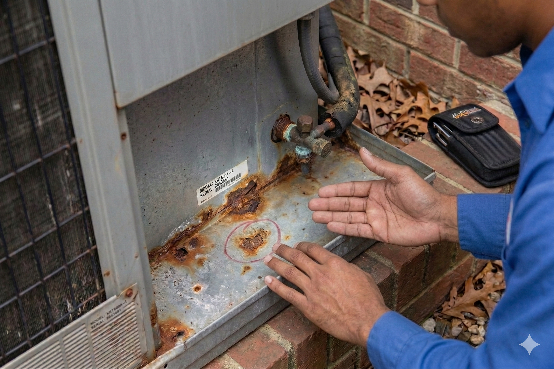 Person inspecting a rusty air conditioning unit outside on a brick wall, pointing to the corrosion.