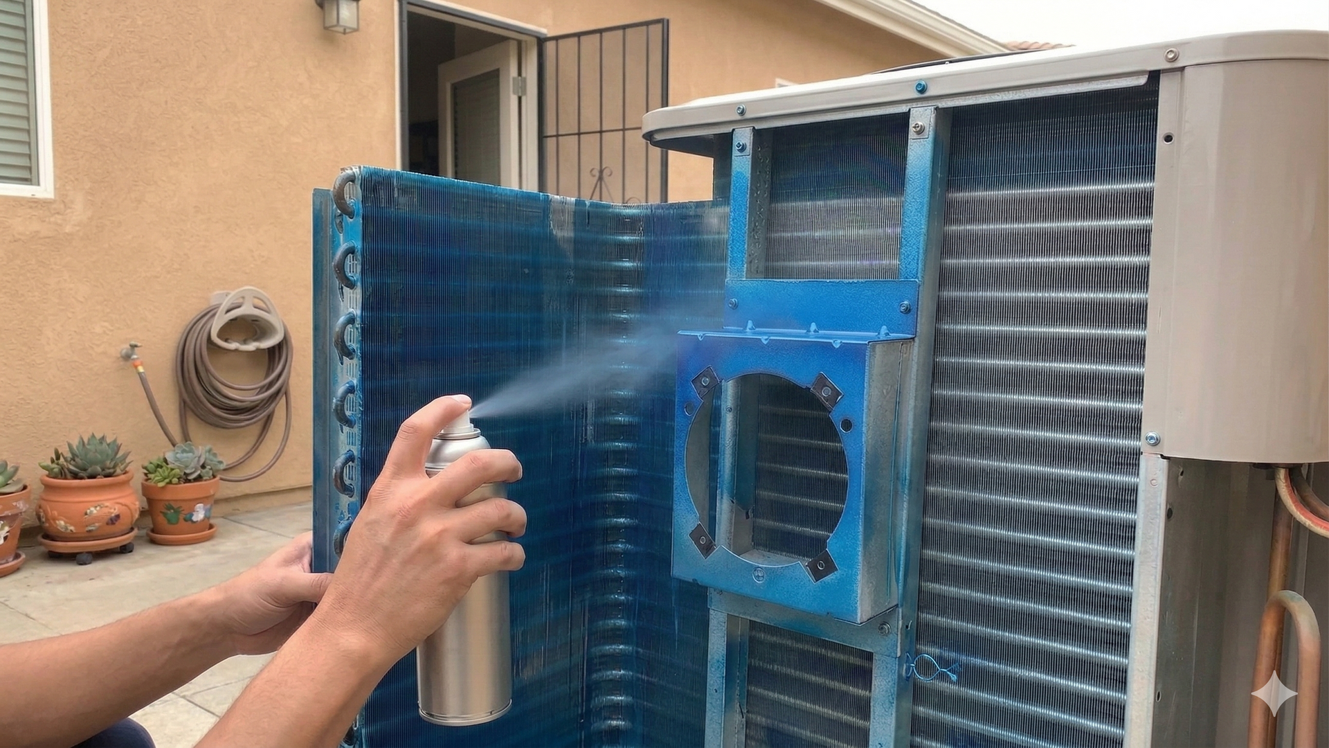 Person spraying a cooling coil component of an air conditioning unit outside. Blue, metal, brown background.