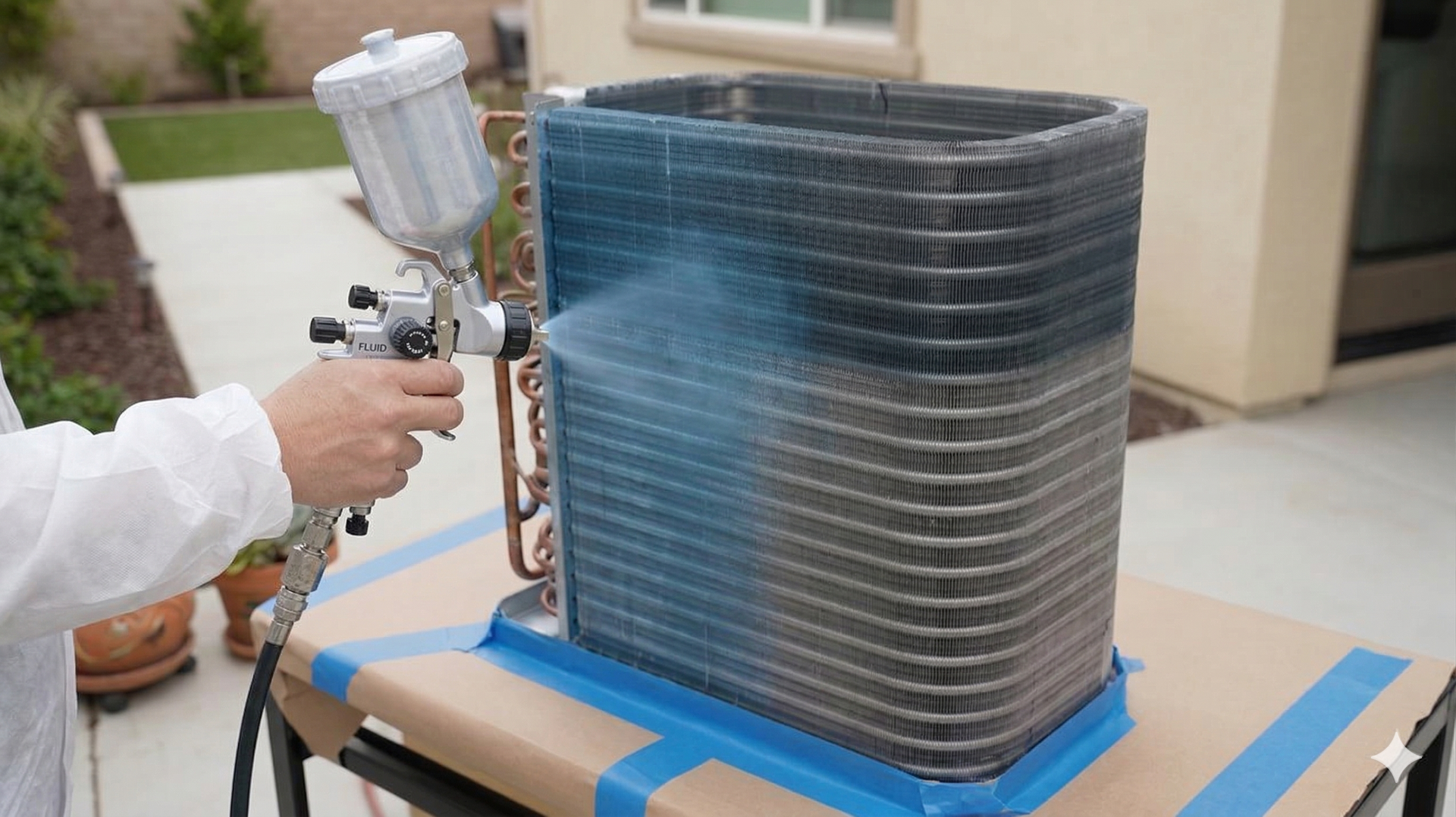 Person spraying a cooling coil component of an air conditioning unit outside. Blue, metal, brown background.