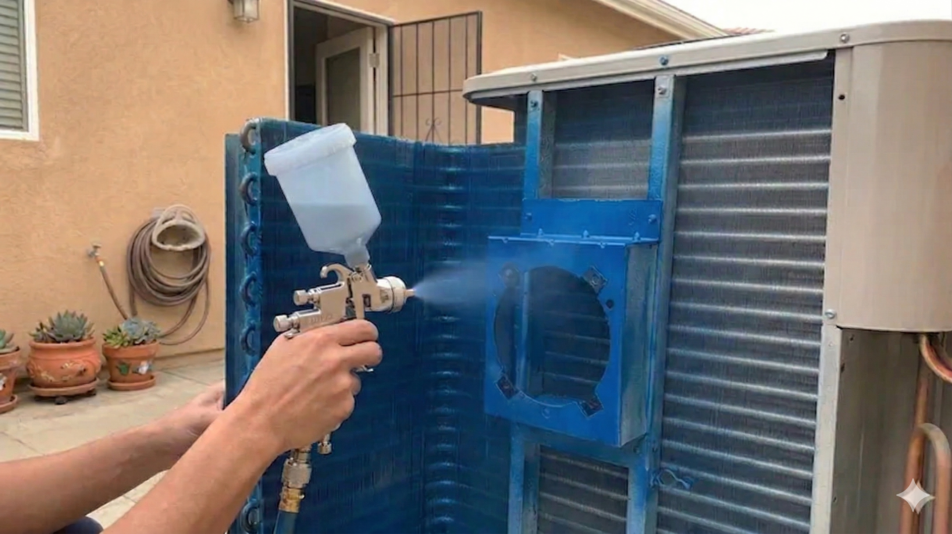 Person spraying blue paint on an air conditioner condenser coil. Outdoors, on a cardboard base.